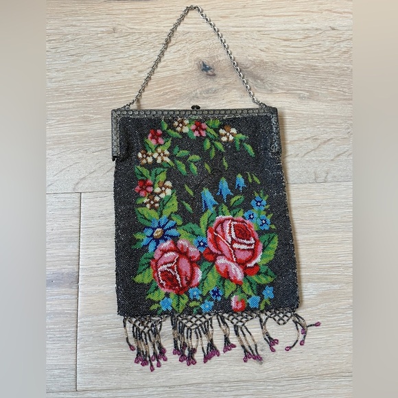 Antique Micro Beaded Purse 1900s Rose Flowers Victorian Handbag Vtg *Y17 - Picture 2 of 10